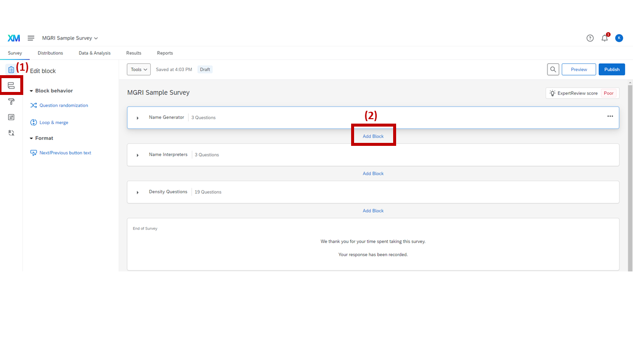 Screenshot: Qualtrics Survey Flow with three blocks added — Name Generator, Name Interpreters, Density Questions