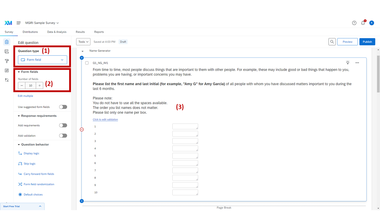Screenshot: IM name generator question — Form field type, 10 fields, question prompt