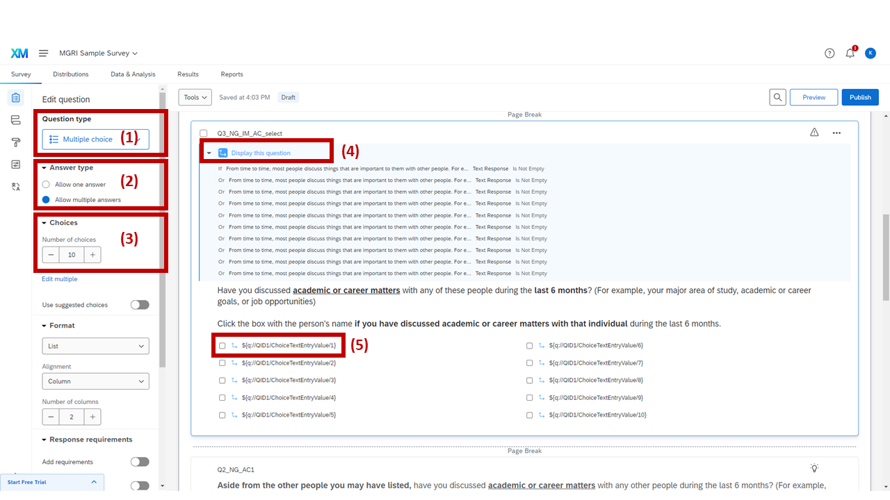 Screenshot: Q3_IM_AC_select question overview — multiple choice, 10 choices, display logic