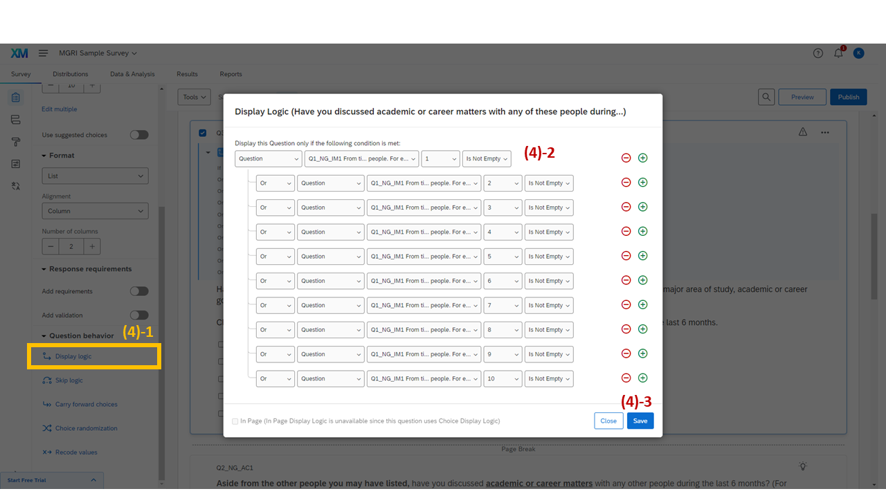 Screenshot: Display logic panel for Q3_IM_AC_select
