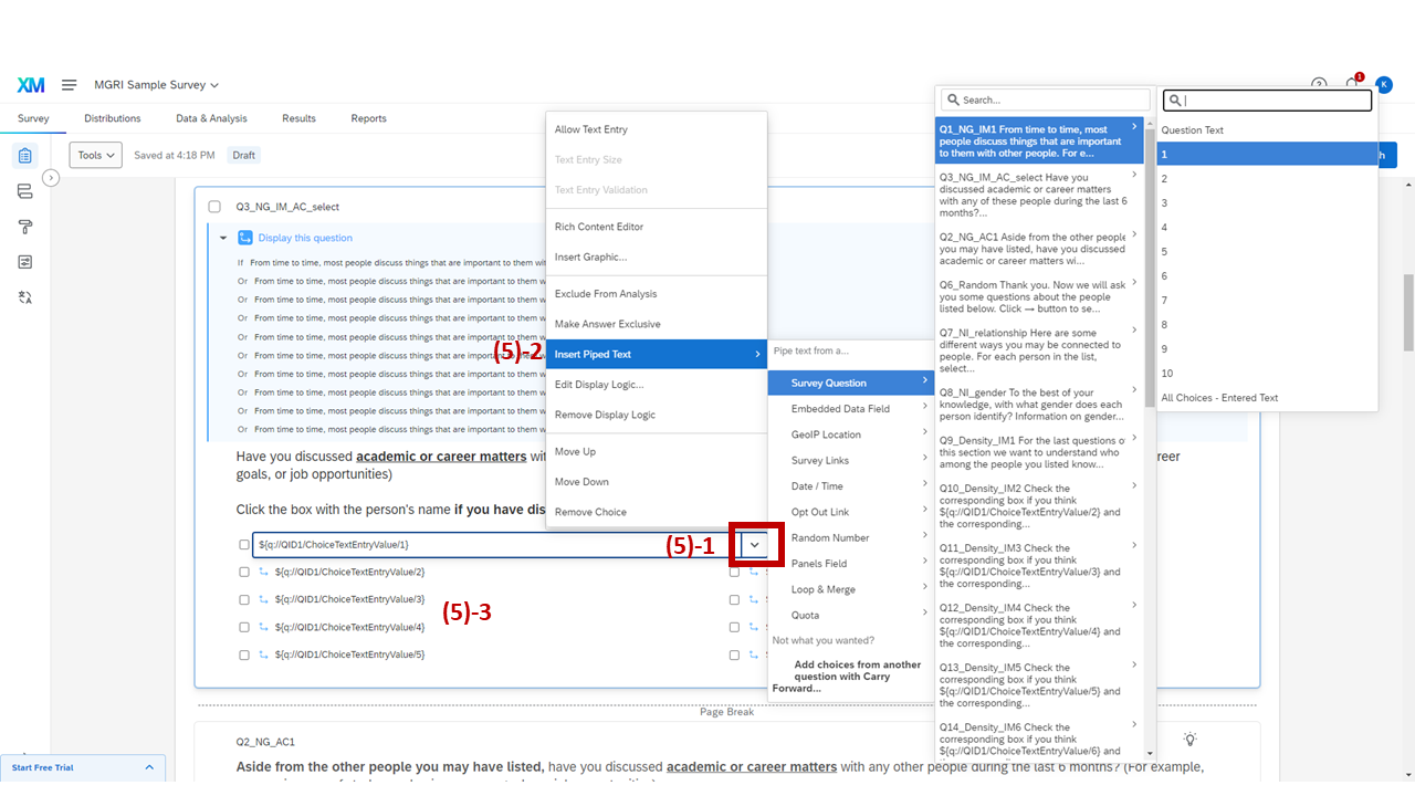 Screenshot: Choice display logic setup showing downward arrow and Insert Piped Text options