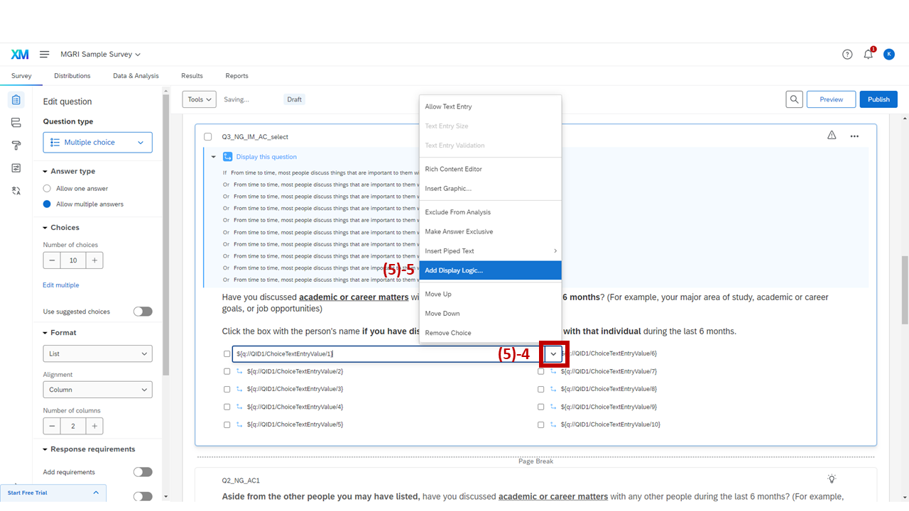 Screenshot: Choice options with downward arrow button highlighted to open display logic