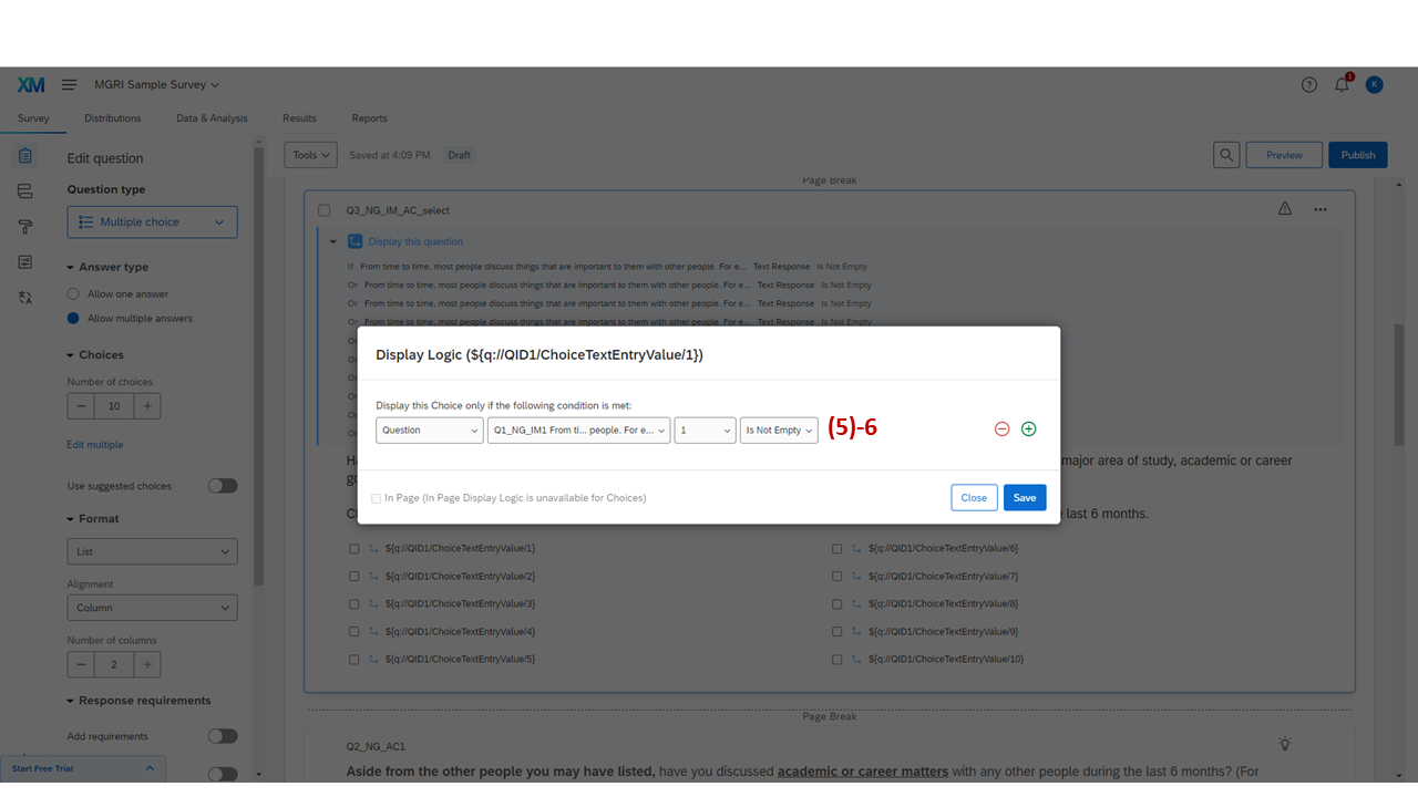 Screenshot: Choice display logic dialog — IM Generator field K Is Not Empty condition