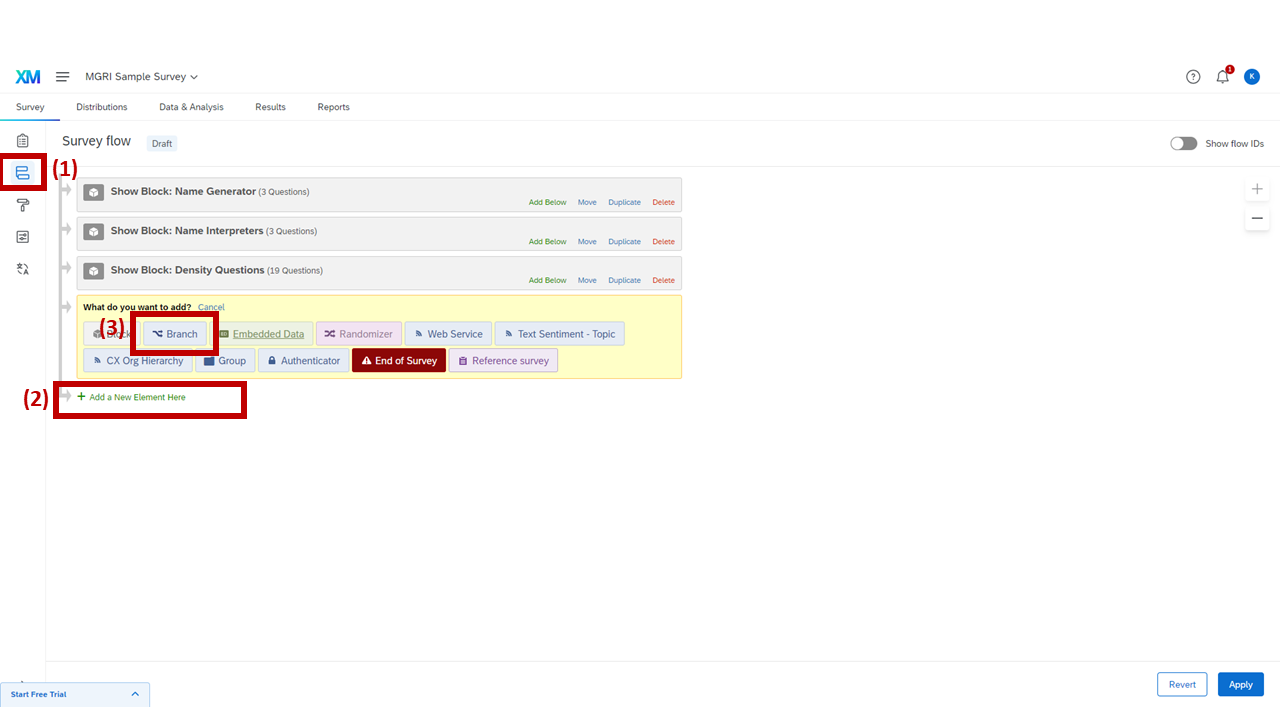 Screenshot: Survey Flow panel — Survey Flow button highlighted, Add a New Element Here, Branch options