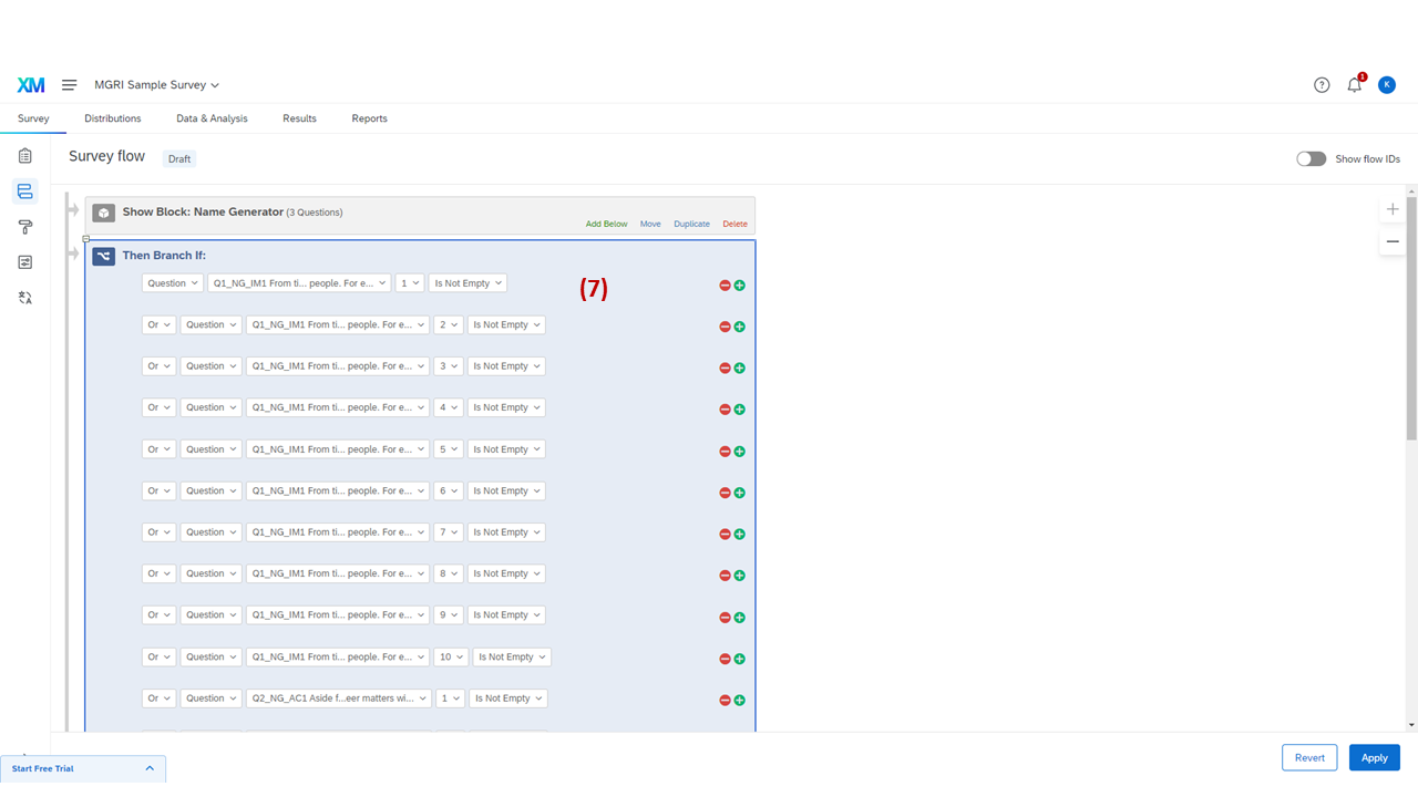 Screenshot: Branch logic conditions dialog showing IM and AC generator conditions