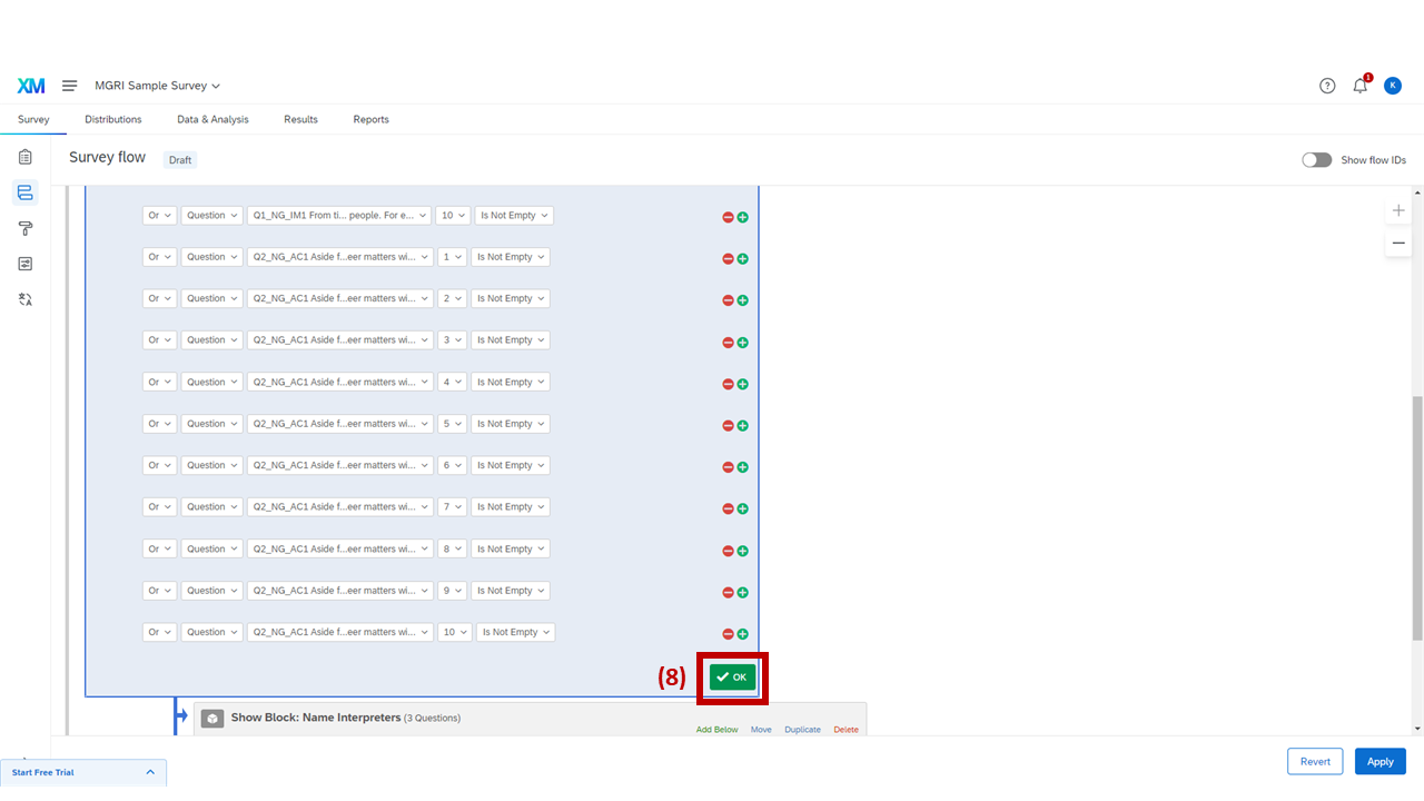 Screenshot: Completed branch logic dialog with Ok and Apply buttons