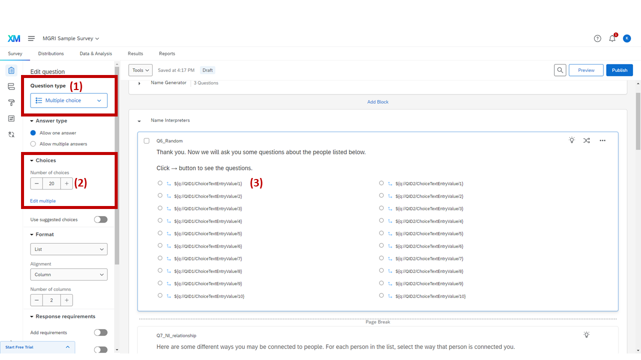 Screenshot: Q6_Random question — Multiple Choice type, 20 choices, each piped from name generators