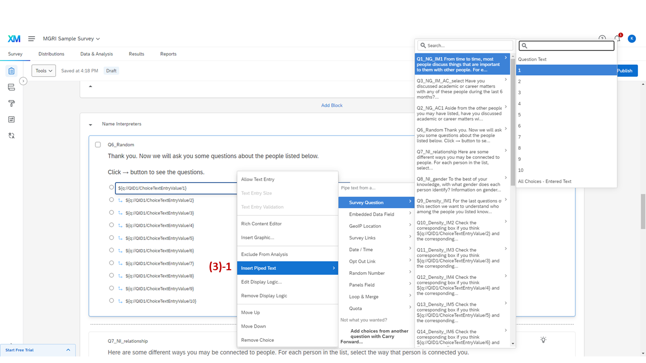 Screenshot: Inserting piped text from Q1_NG_IM1 into choice options of Q6_Random