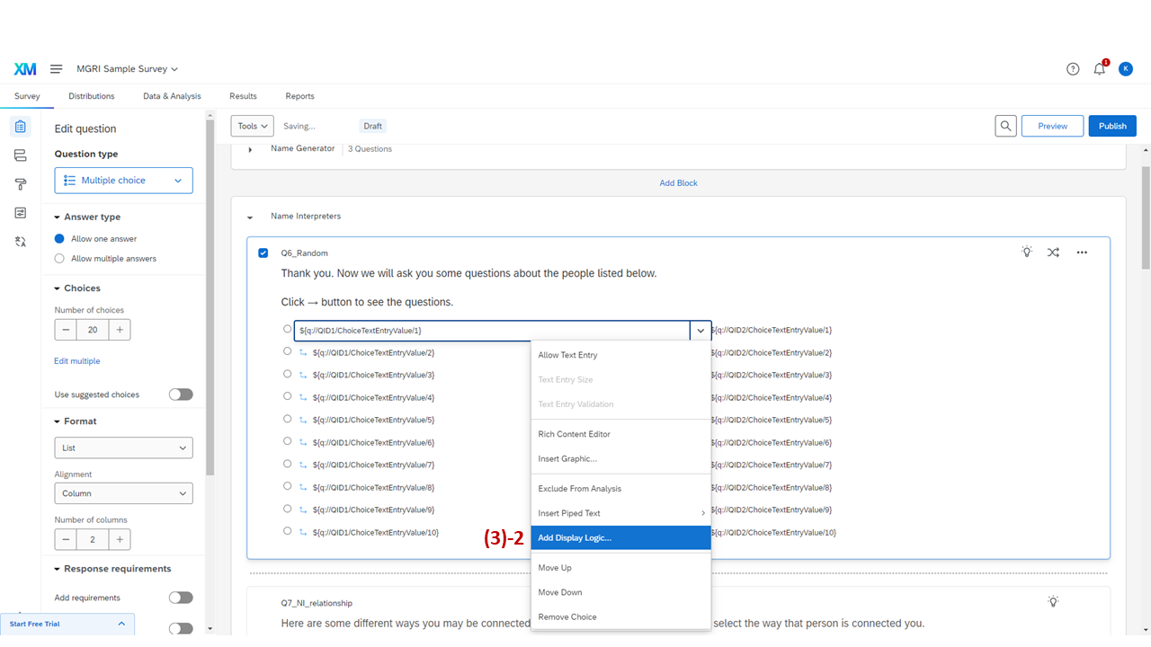 Screenshot: Add Display Logic option for a choice in Q6_Random