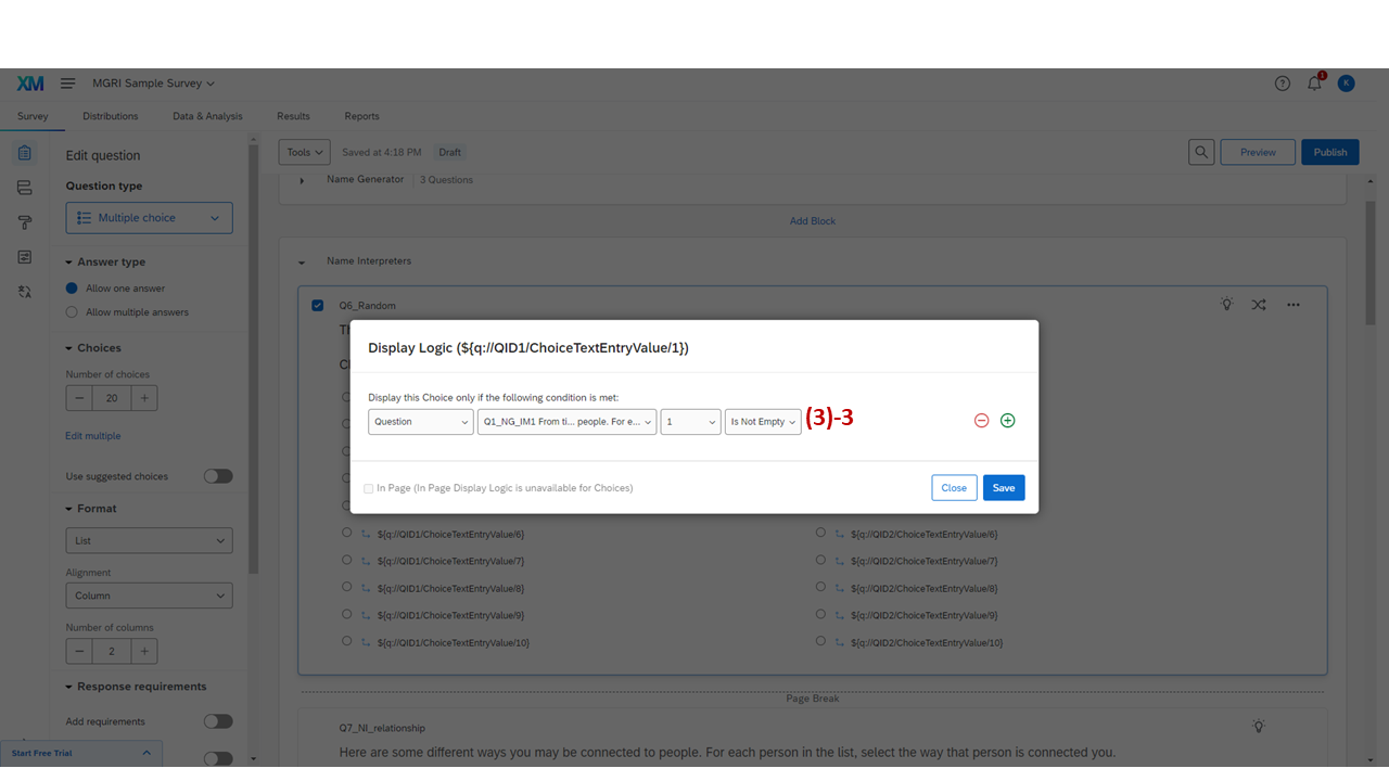 Screenshot: Choice display logic for Q6_Random — conditions referencing both Q1_NG_IM1 and Q2_NG_AC1