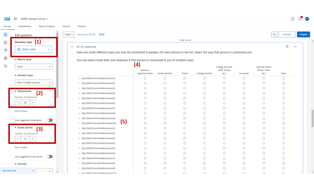 Screenshot: Matrix table name interpreter question — Q7_NI_relationship with 20 statements
