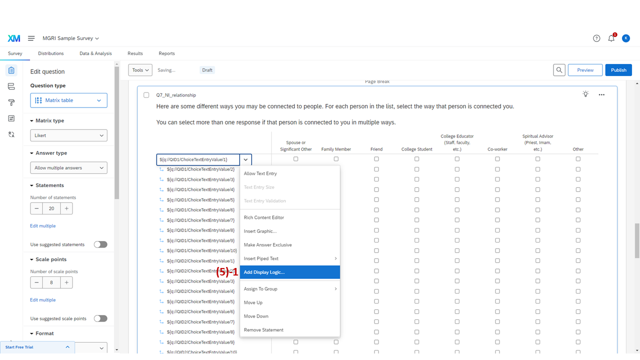 Screenshot: Add Display Logic option for a statement row in the name interpreter matrix