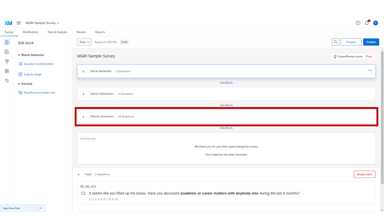 Diagram: Density question structure showing reference alter and subsequent alters for a 4-field example