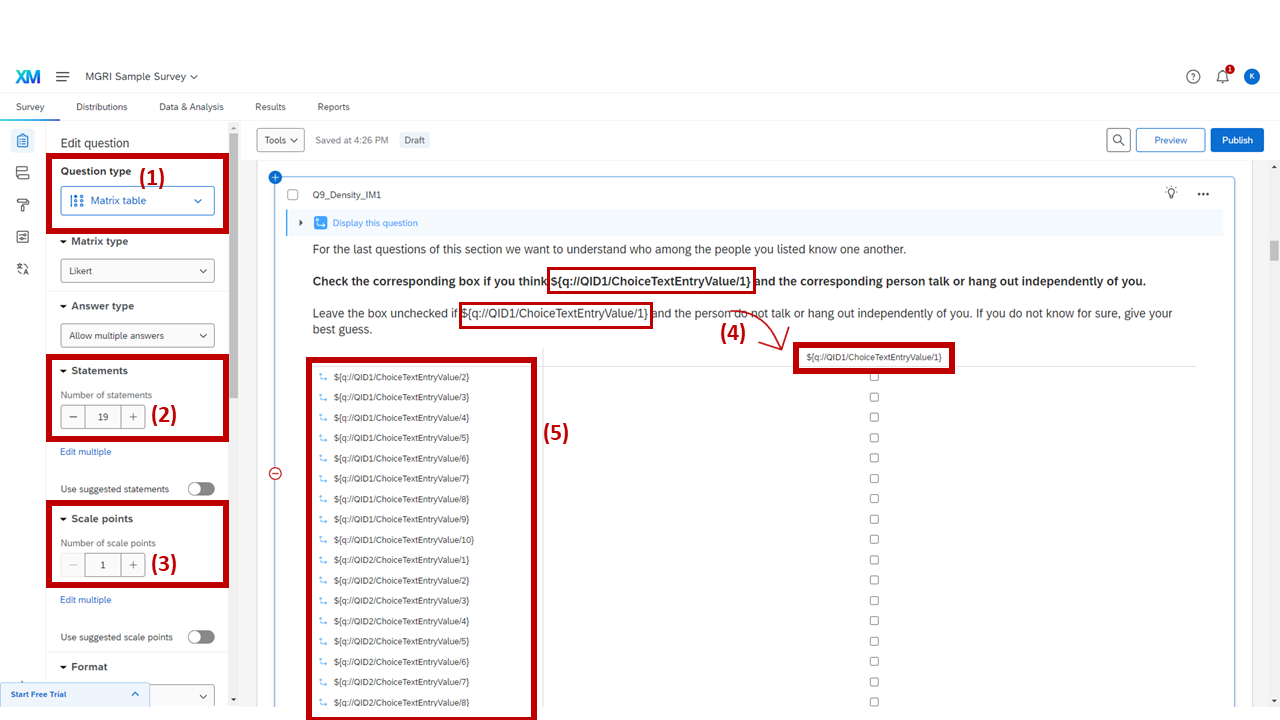 Screenshot: Question display logic for the first density question — referencing Q6_Random Is Displayed and checking that more than one alter exists
