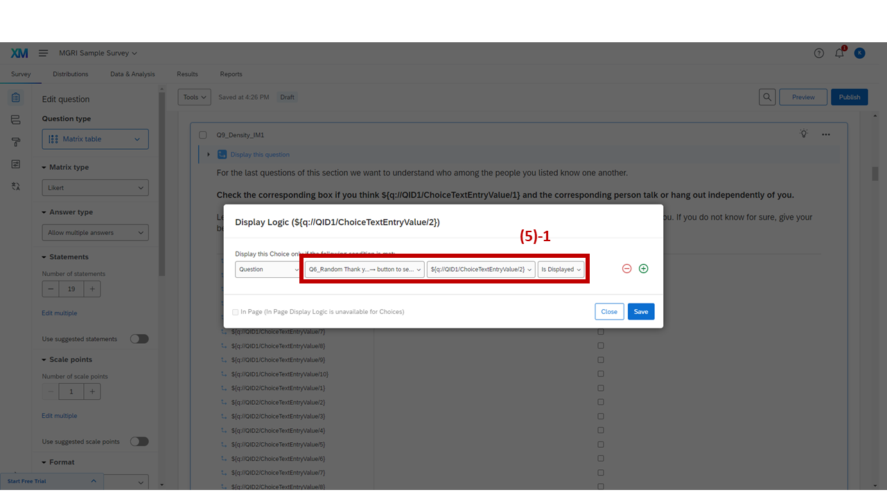 Screenshot: Detailed display logic panel for density question — two logic sets referencing Q6_Random