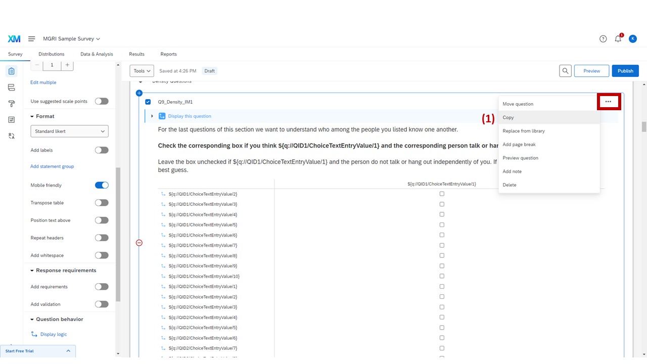 Screenshot: Copy button on the density question — '...' menu with Copy option