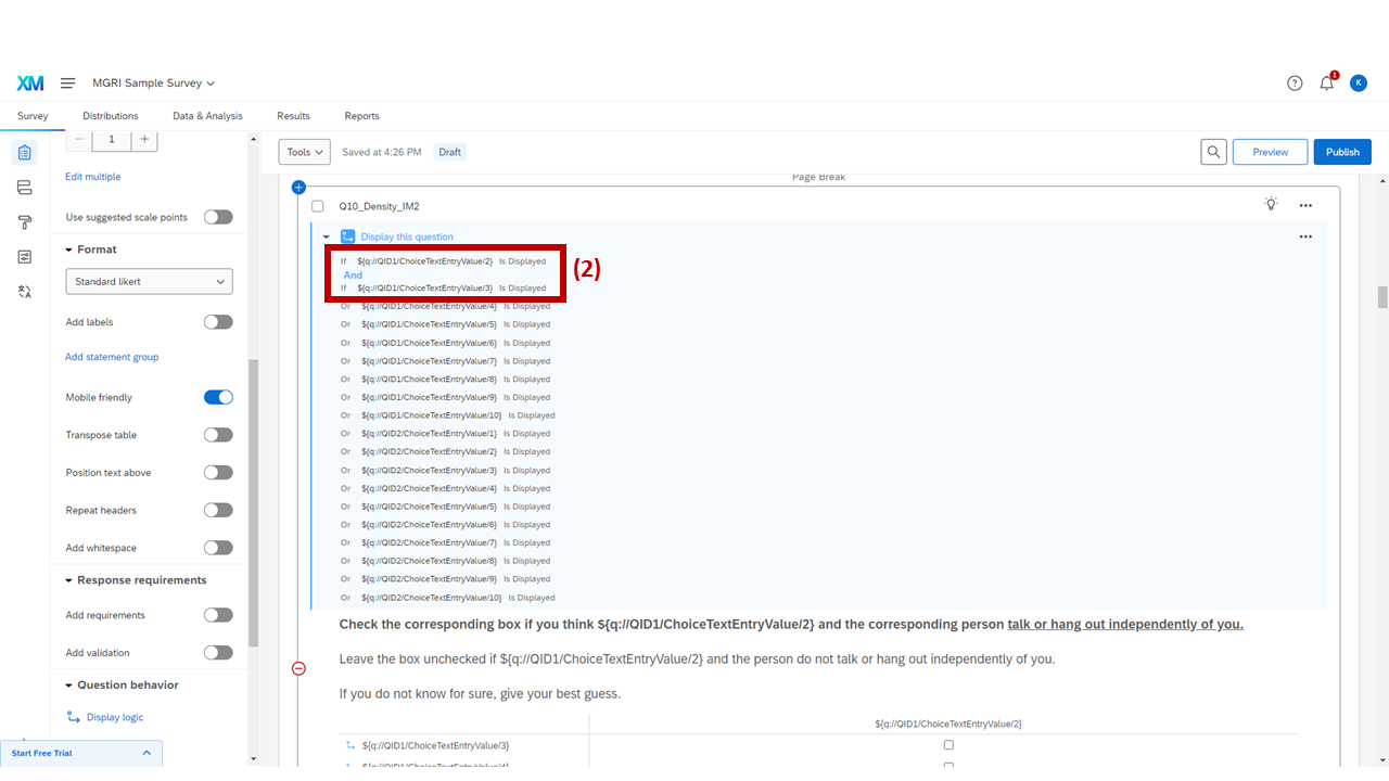Screenshot: Editing the display logic for the second density question — field 2 of IM generator