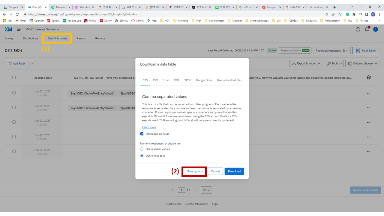 Screenshot: Qualtrics Data & Analysis tab — Export & Import > Export Data menu