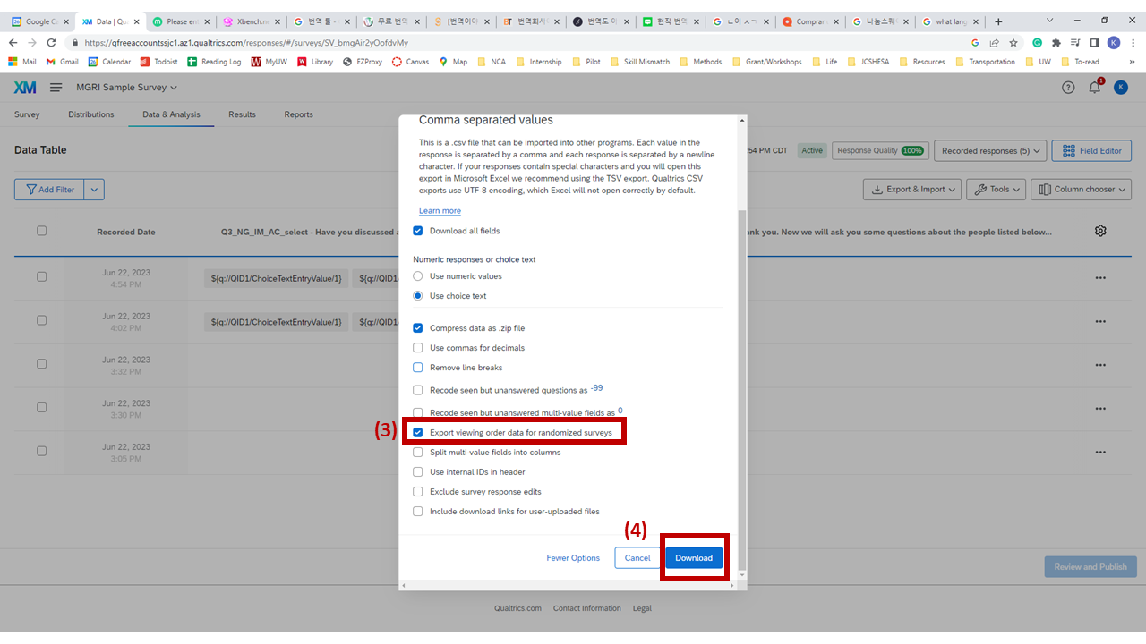 Screenshot: Export Data dialog — 'Export viewing order data for randomized surveys' checkbox highlighted