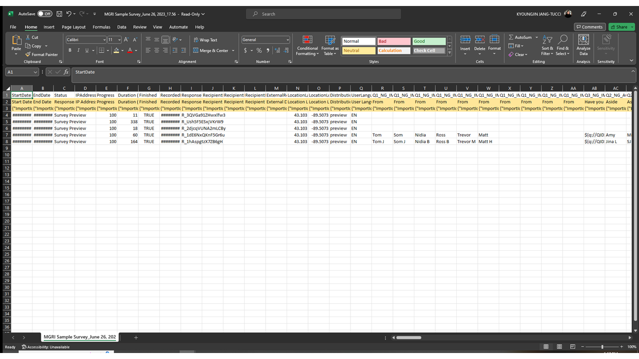 Screenshot: Opened CSV file with second and third rows highlighted for deletion
