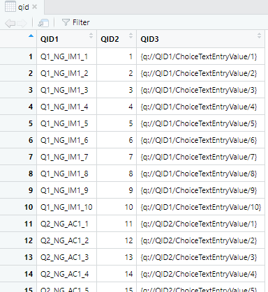 Screenshot: QID index data frame with columns QID1, QID2, QID3 showing variable names, counter numbers, and piped text strings