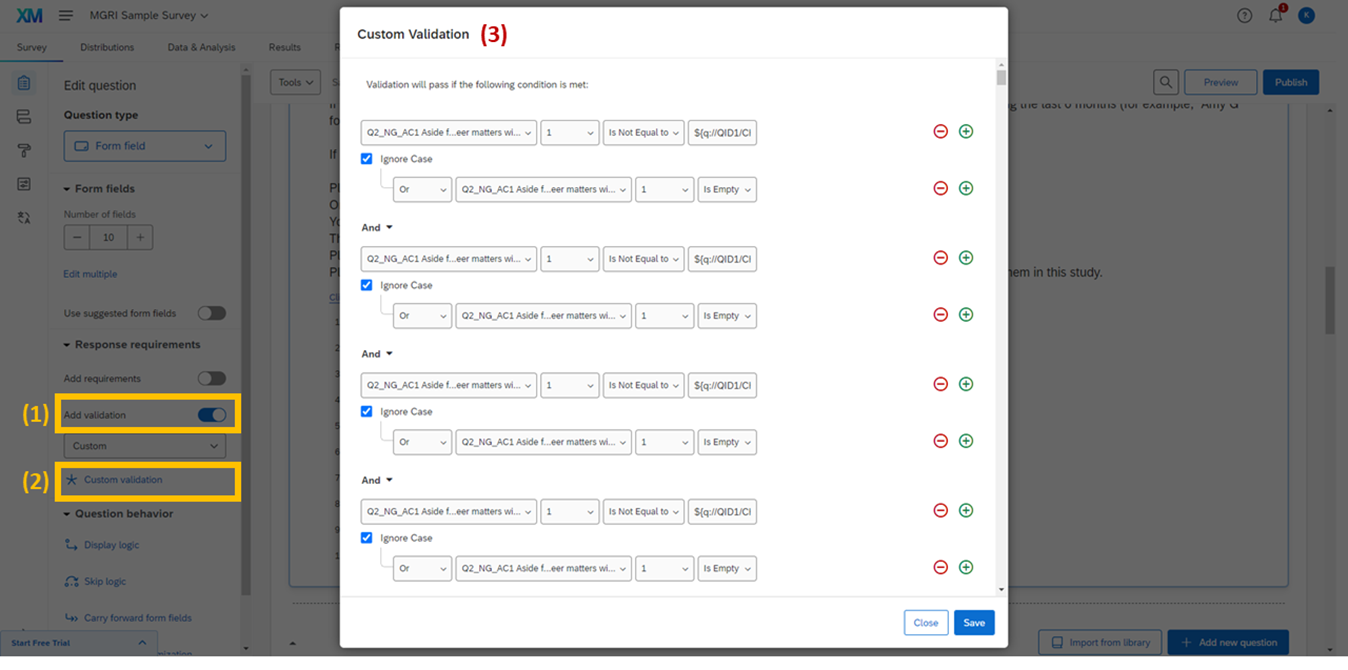 Screenshot: Custom validation panel in Qualtrics for the IM name generator question